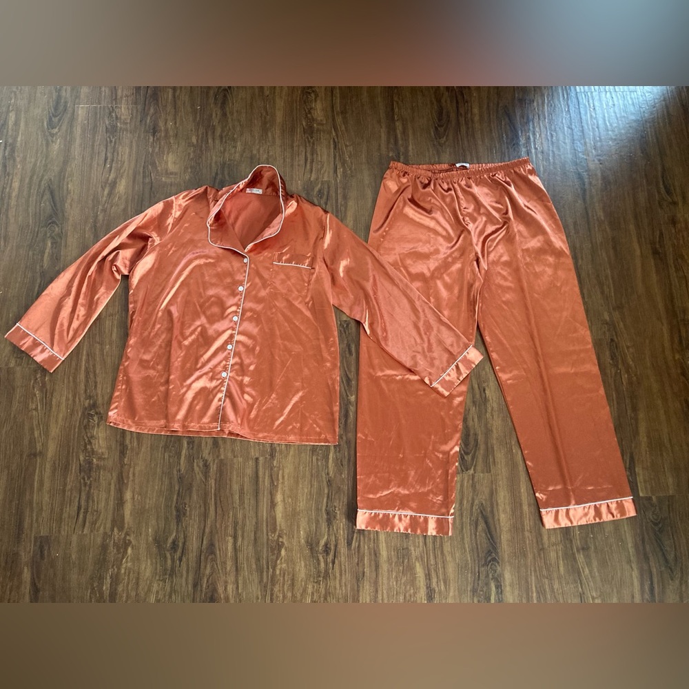 Satin Two-Piece Pajama Set in Rust